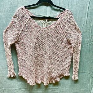 Free People Pink White Crochet Lace Back Open Knit Sweater Pullover Boho Small